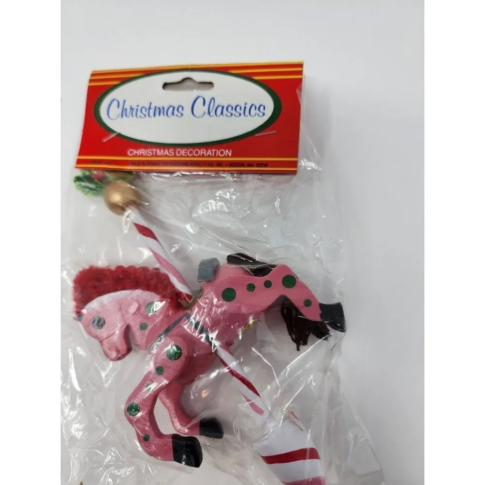 NWT Vintage Bradford‎ Novelty Company Pink Wood Carousel Horse Ornament